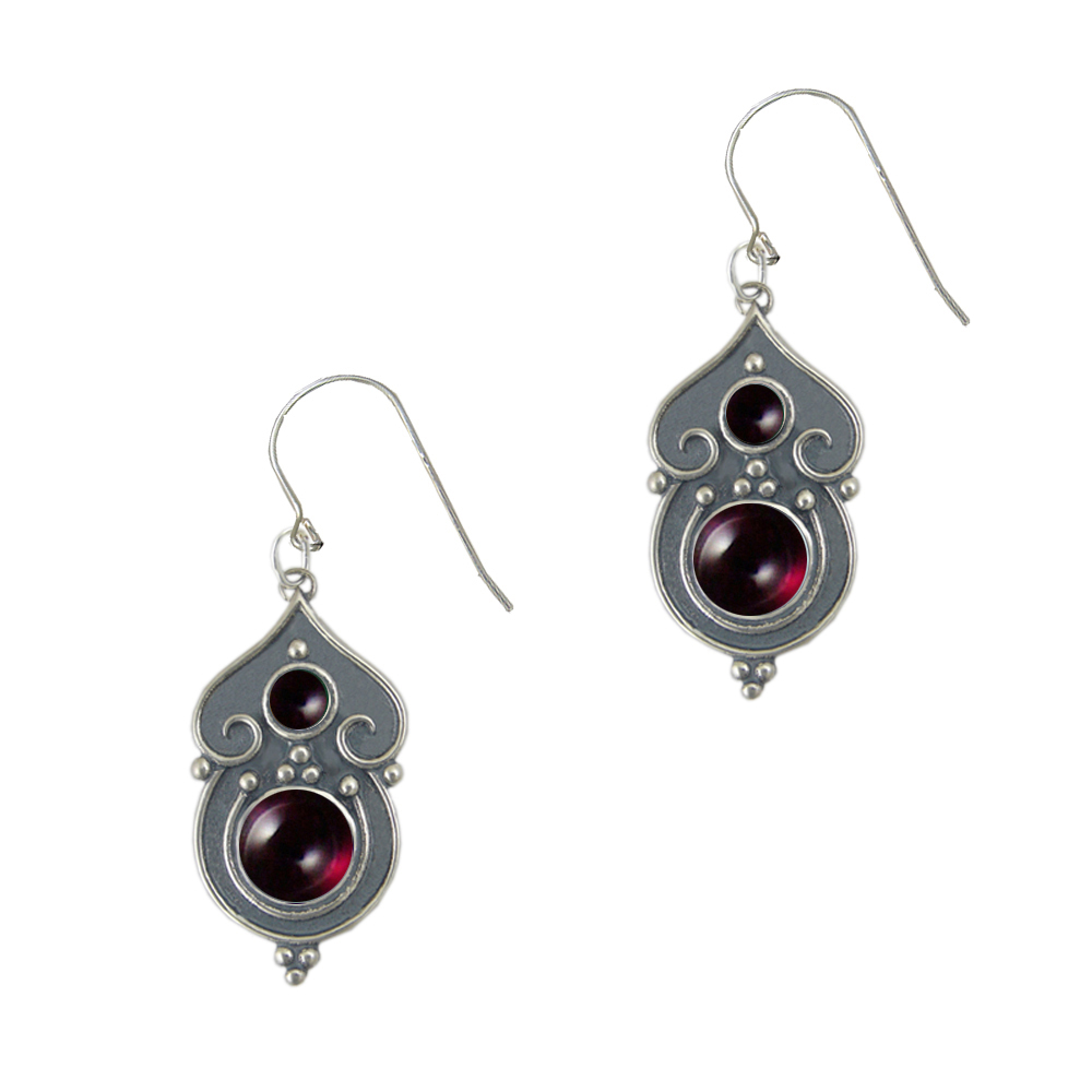 Sterling Silver Gothic Inspired Drop Dangle Earrings With Garnet